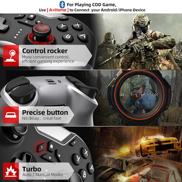 Bluetooth-kontroller för Switch/PC/iPhone/Android/Apple Arcade MFi-spel/TV/Steam, trådlös spelkontroll med telefonklämma med nyligen lanserad L Black