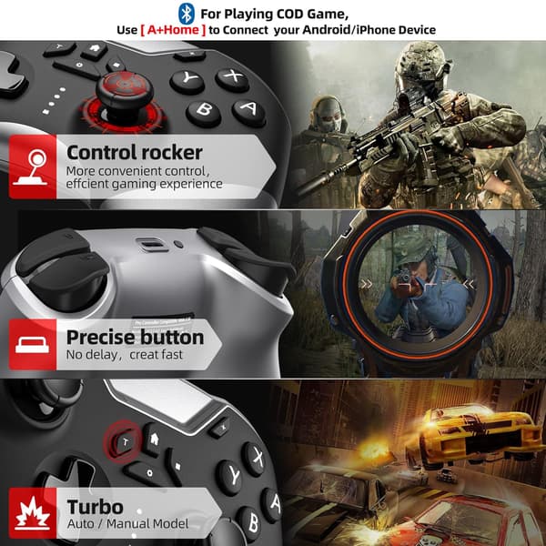 Bluetooth-kontroller for Switch/PC/iPhone/Android/Apple Arcade MFi-spill/TV/Steam, Pro trådløs spillkontroller med telefonklips med nylansert L Black