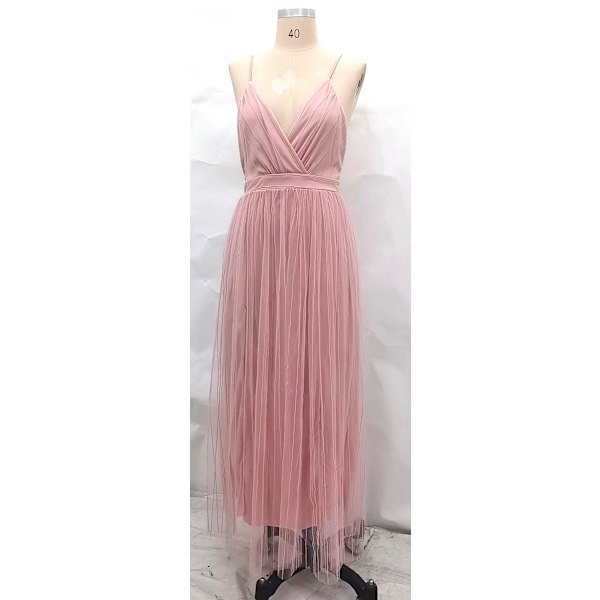 Elegant Open Back Mesh Flowing Slim Waist Sling Kjole (Pink L)