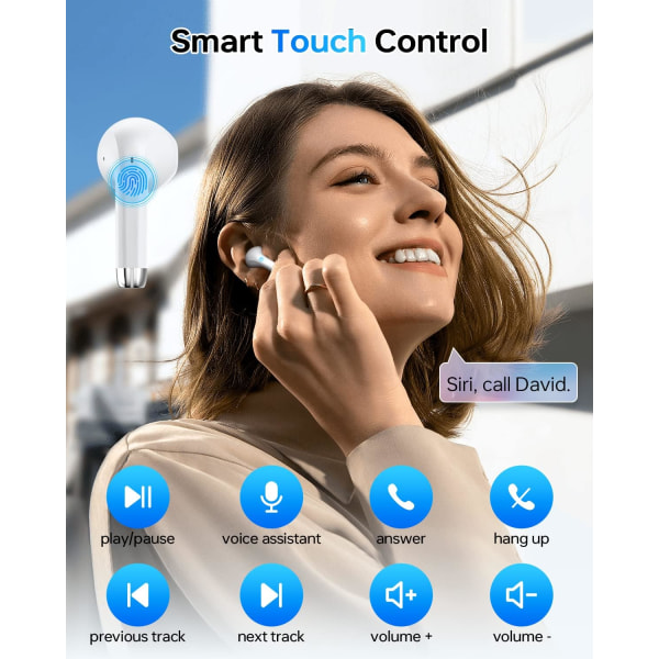 Langattomat kuulokkeet, Bluetooth 5.3 -kuulokkeet 40 tuntia soittoaikaa case, IPX5 vedenpitävät stereonappikuulokkeet mikrofonilla iPhonelle Andr White