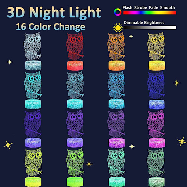 Pöllö 3D Illuusiolamppu, Attivolife Lintuyövalo Kaukosäätimellä