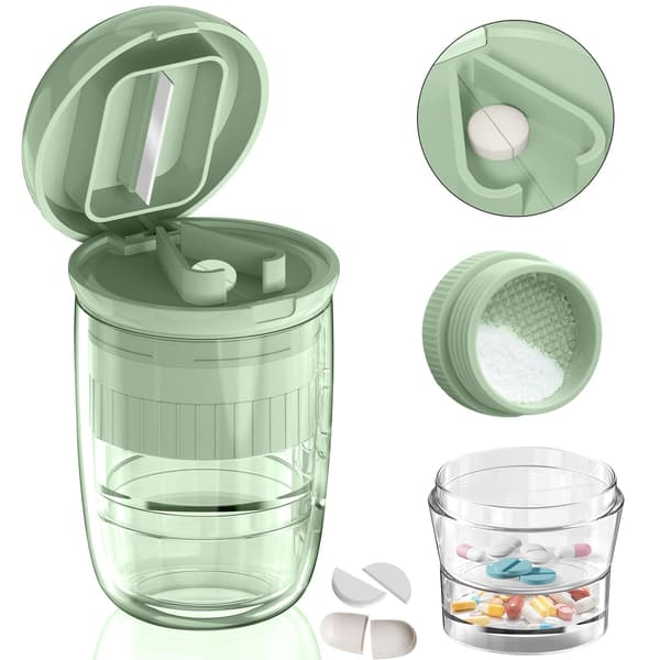 Multifunksjonell pillekutter med dispenser og kopp, deler og knuser vitaminpiller, rustfritt stålblad, grønn Green-1