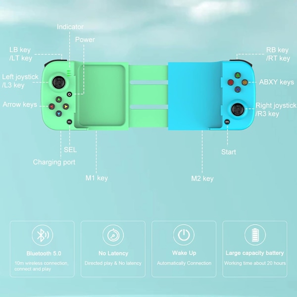 Bluetooth-kontroller för iPhone, Android, direkt uppspelning, låg latens, telefonkontroller spelkontroll joystick för Galaxy S23 S22 S21 20 Ultra, iPhone 14 13 1 Green+Blue