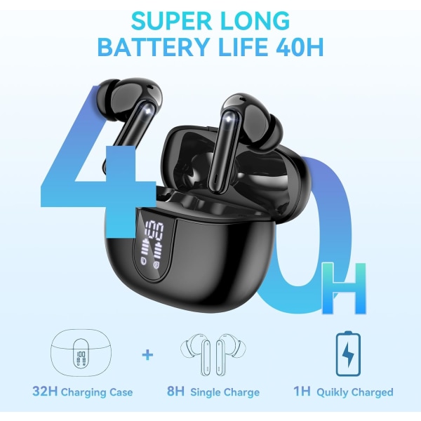 Trådlösa öronsnäckor, Bluetooth 5.3-hörlurar 40 timmars speltid Deep Bass Stereo in-ear-hörlurar, LED-strömdisplay, samtalsbrusreducerande hörlurar med mikrofon Black