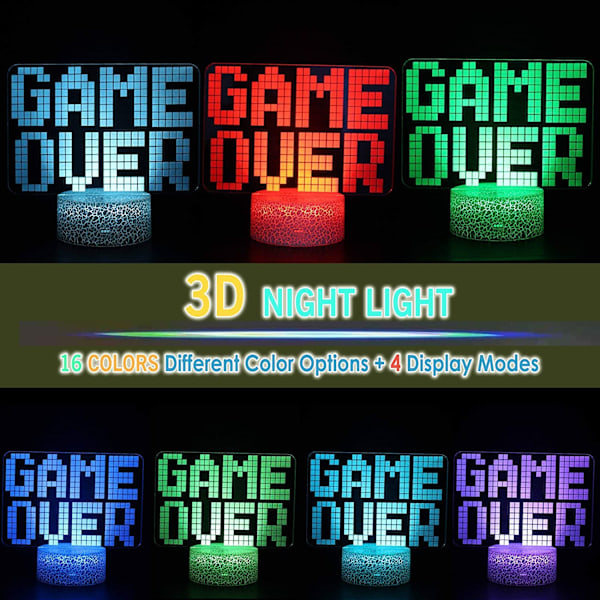 Game Over 3D Illusion LED Rum Skrivebordsdekorationslampe Gaming Nat