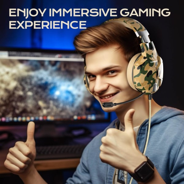 Gaming Headset til Xbox One, PS4 Headset med Mic, Stereo Surround Sound, Støjreducerende Mikrofon & En-Knap Lydløs, Cool Camo Gaming Hovedtelefoner til