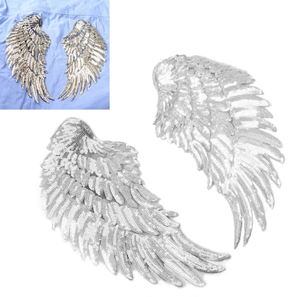 2 stk. Englevinger Sequin Patches Sølv Stryge På Broderede Patches Dekoration til DIY Tøj Nederdel Taske Sko