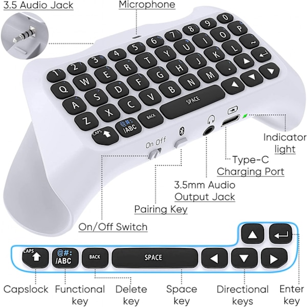 Trådlös handkontrolltangentbord för PS5, Bluetooth 3.0 Mini Por