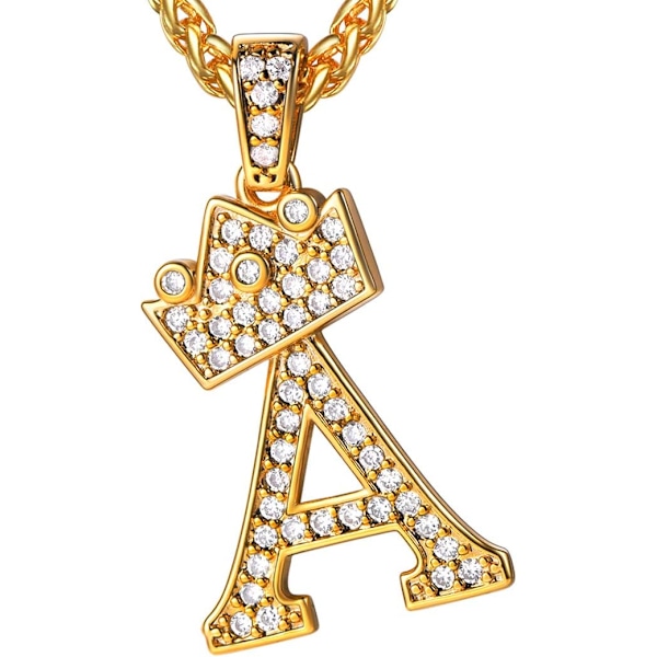 Krone Initial A-Z Halskæde, Iced Out Bogstav Vedhæng med 22-24 Tommer Kæde, Mænd Kvinder Bling Hip Hop Alfabet Navn Smykker Gave Store Initialer Halskæder A 18K Gold