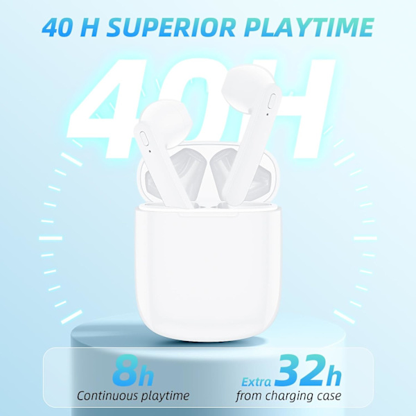 Langattomat nappikuulokkeet 40 tunnin toistoaika 8 tunnin jatkuva toistoaika Bluetooth-nappikuulokkeet, IPX6 vedenpitävä stereofoninen ääni Bluetooth-langattomat kuulokkeet mikrofonilla White