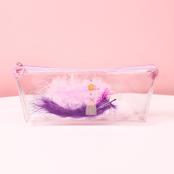 Söt tecknad fjäder dekorativ transparent dragkedja pennfodral (fjäderbrynrosa)