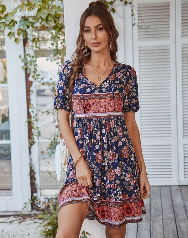 Stil Strandkjole Langærmet Afslappet Kjole (Navy Blå XL)