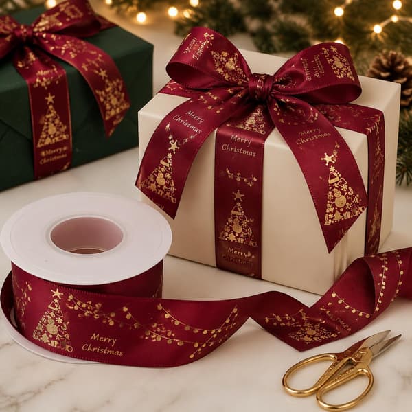 Bourgogne God Jul-band för presentinslagning Wine red-Christmas tree