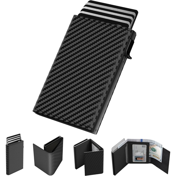 Miesten lompakko korttikotelo: Ponnahtava alumiinikotelo, aito nahka, älykäs, RFID-esto, ohut, minimalistinen, etutasku - 9-14 kortin kapasiteetti | Henkilökortti-ikkuna Carbon Fiber Black
