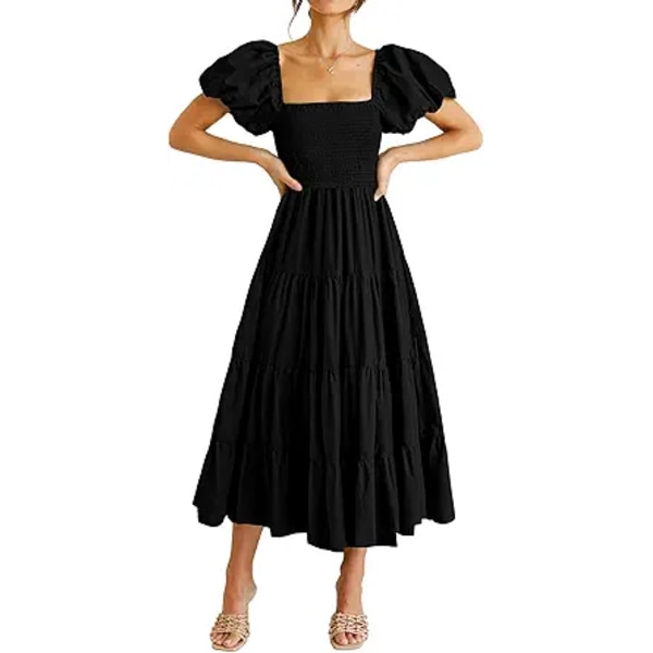 Dame 2025 Sommer Casual Midi Kjole Puf Korte Ærmer Firkantet Hals Smock Tiered Flæsekjoler L