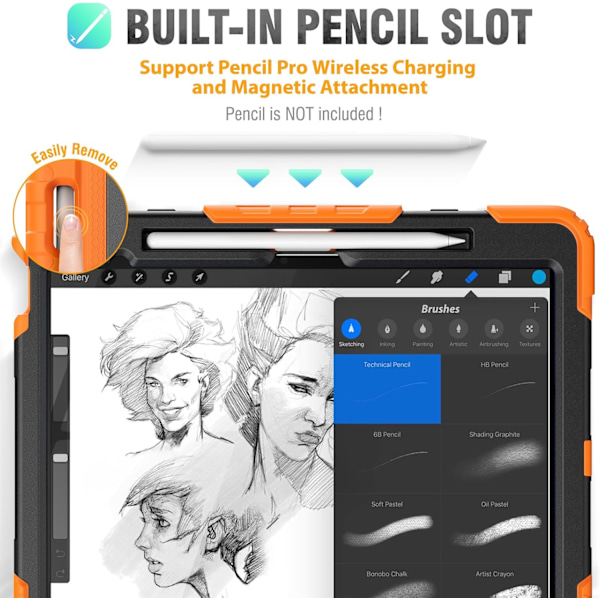 Skal för iPad Air 11 tum (M2 2024), Stötsäker Design med Pennhållare/Skärmskydd/Roterande Handrem, Skyddande Fodral för Orange New iPad Pro 11 2024