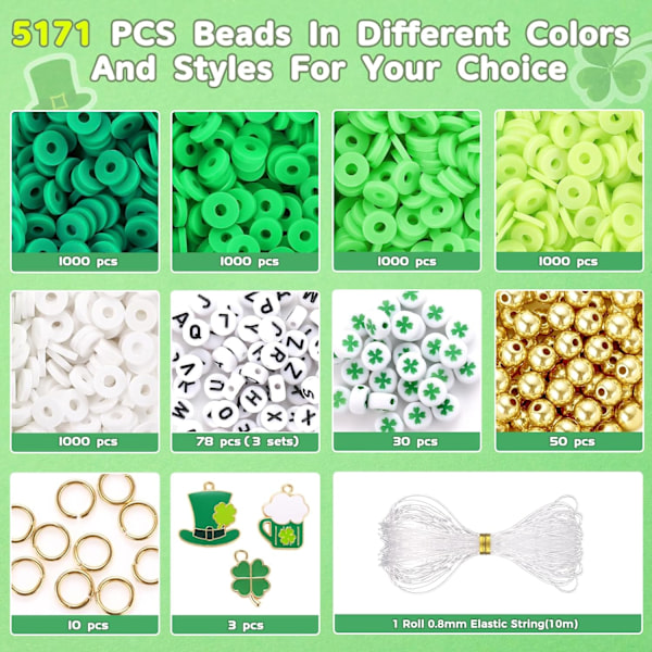 5100+ st St. Patrick's Day Clay Beads Armband Making kit, Gröna Heishi Beads Polymer Clay Beads för Smyckestillverkning, Vänskapsarmband Kit med Go Green