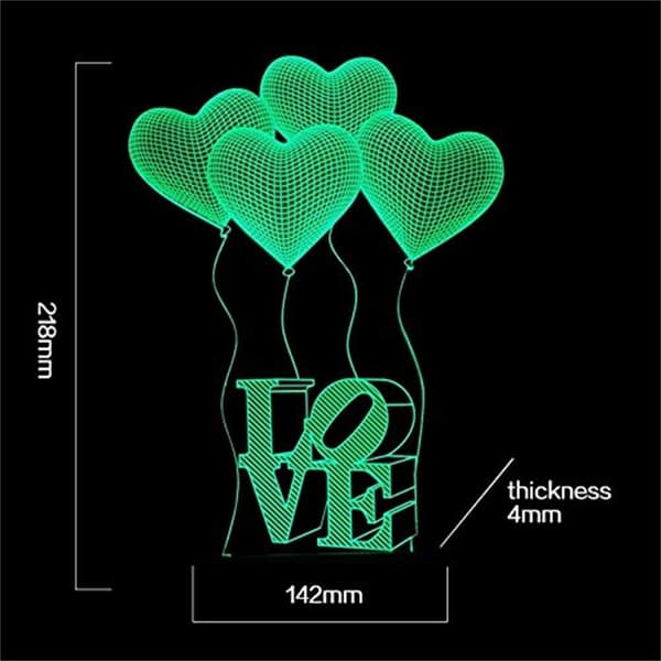 3D Illusion 4 Kærlighedshjerte Balloner Natlampe, USB 7 Farver C
