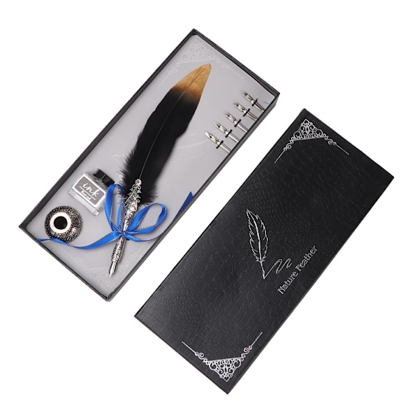 Vintage Klassisk Fjäderpenna Fjäder Dip Pen Bläckflaska Set med Presentförpackning (Svart)