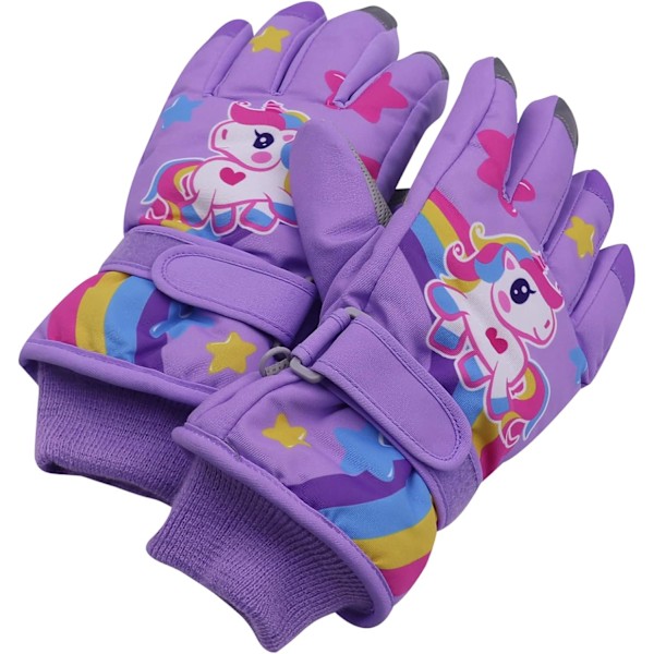 Søte Unicorn-hansker for barn, vanntette vinter-skifløyelsfôrede snøhansker, termiske varme votter for 3-9 år gamle gutter og jenter Purple S
