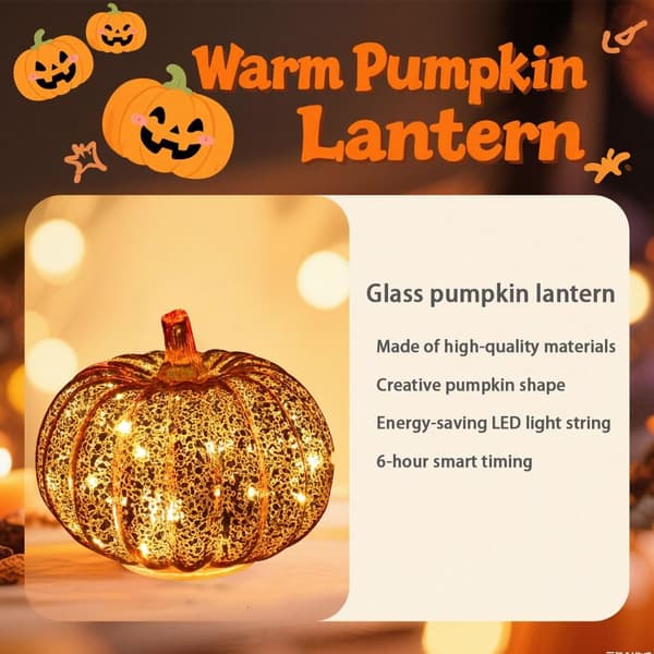 Græskar LED-lys i guld krakeleret glas med timer – Indendørs/Udendørs efterårs- og Halloween-fest midtpunkt Pumpkin Shape