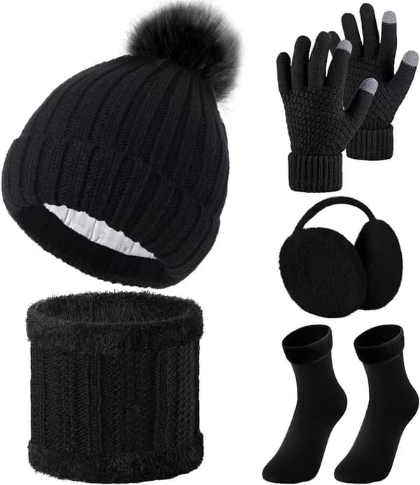 5 stk Vinterhue Halsklæde Handsker Sæt Strikket Satinforet Pompom Beanie Varme Touchscreen Handsker Ørevarmere til Kvinder Black