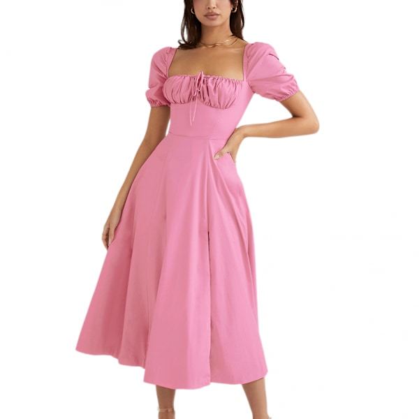 Krage Hem Sexig Sid Split Bubbelärm Klänning (Rosa XL)