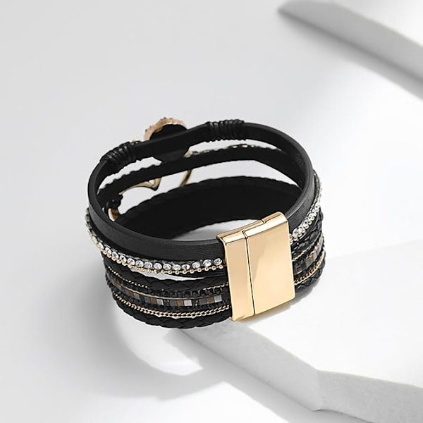 Leopard Armbånd for Kvinner, Boho Lær Wrap Multi-Layer Perle Krystall Armbånd Bangel Smykker Black