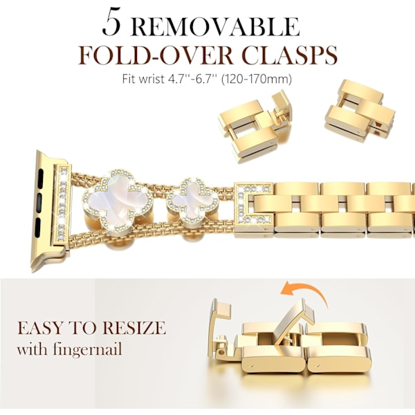Surace Kompatibel med Apple Watch Series 10 Remmer 42mm for Kvinner, Smykker Diamant Rhinestone Rustfritt Stål Metall Armbånd Kløver Leaf-Gold/Iridescent 42/44/45MM