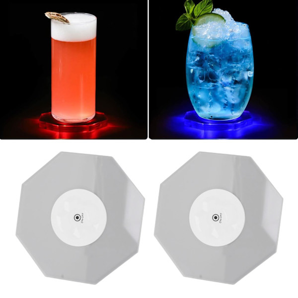 LED Coaster Transparent 3 Modes IP65 Vandtæt Batteridrevet Ottekantet Akryl RGB Lys Op Coaster til Fest 2stk diamond