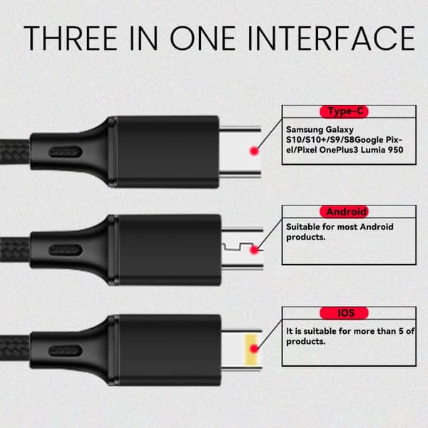Universaali 3in1 Nylonpunottu USB-latauskaapeli, 1,2 m