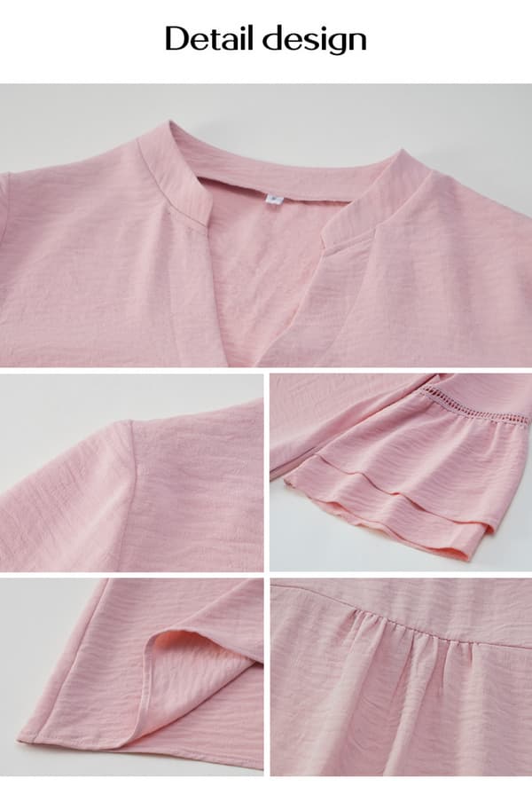 Neck Puff Sleeve Solid Color Loose Flowy Mini Kjole (Pink S)