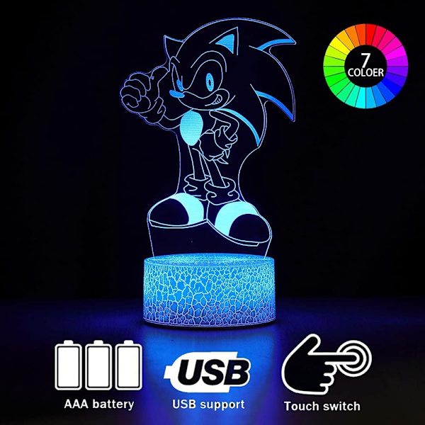 3D Sonic Anime Nattlampe - LED Illusionslampe med 3 Mønstre og 16 Fargeendringer Dekor Bordlampe med Fjernkontroll