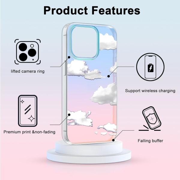 Telefon Hard Case Kompatibel med iPhone Case Slim Cystal Clear Holographic White Cloud Women Girls, Hard PC Shockproof Protective Design iPhone 13 Pro