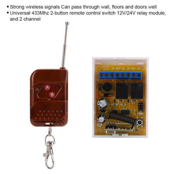Universal 433 mhz trådløs fjernbetjeningskontakt 12v/24v 2CH relæmodul med 2 knapper