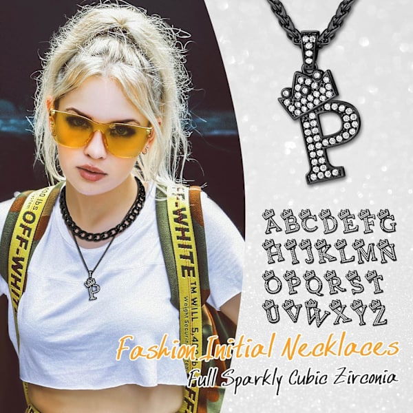 Krone Initial A-Z Halskjede, Iced Out Bokstavanheng med 22-24 Tommers Kjede, Menn Kvinner Bling Hip Hop Alfabet Navn Smykker Gave Store Initialer Halskjeder P Black