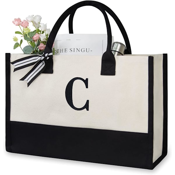 Broderet initial lærred tote taske, personlig gavepose, egnet til bryllup, fødselsdag, strand, ferie, er en fantastisk gave til kvinder, mor, venner C