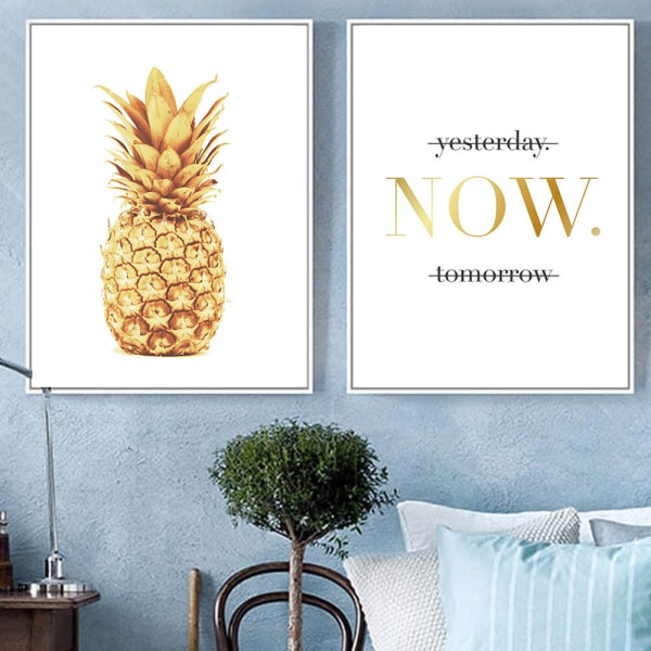 Gyllene ananas och text väggkonst canvas tryck affisch, enkel mode konst ritning