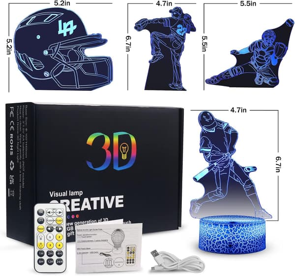 Baseball 3D Illusjonslampe, Sports 3D Nattlys med Timer