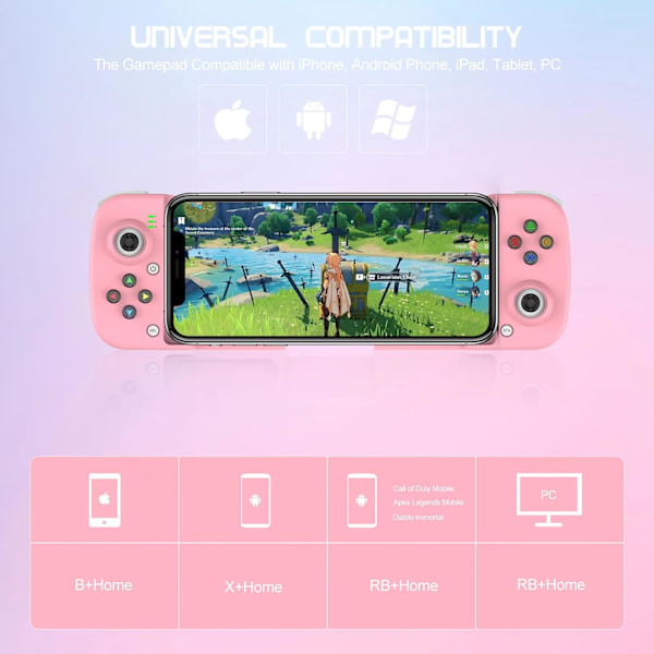 Bluetooth-controller til iPhone, Android, direkte afspilning, lav latenstid, telefoncontroller-gamepad-joystick til Galaxy S23 S22 S21 20 Ultra, iPhone 14 13 1 Pink