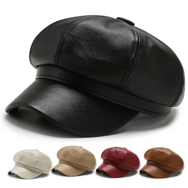8-panel Newsboy-kasketter til kvinder, PU-læder Cabbie Painter H