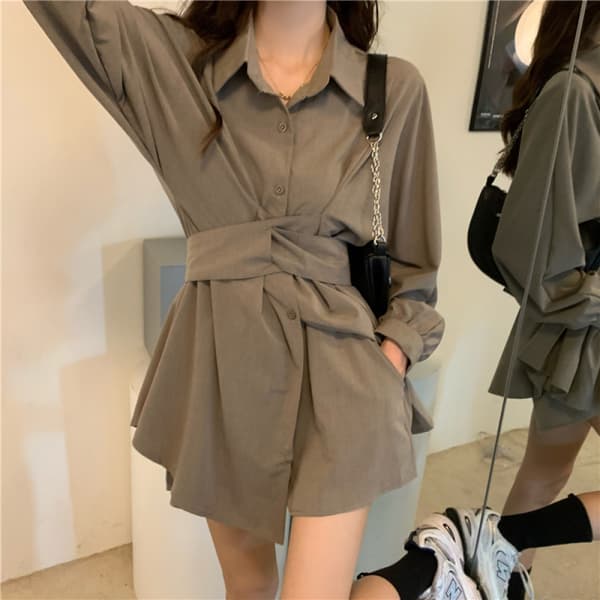 Belted Button up Collar Summer Short Shirt Dress(Grøn)