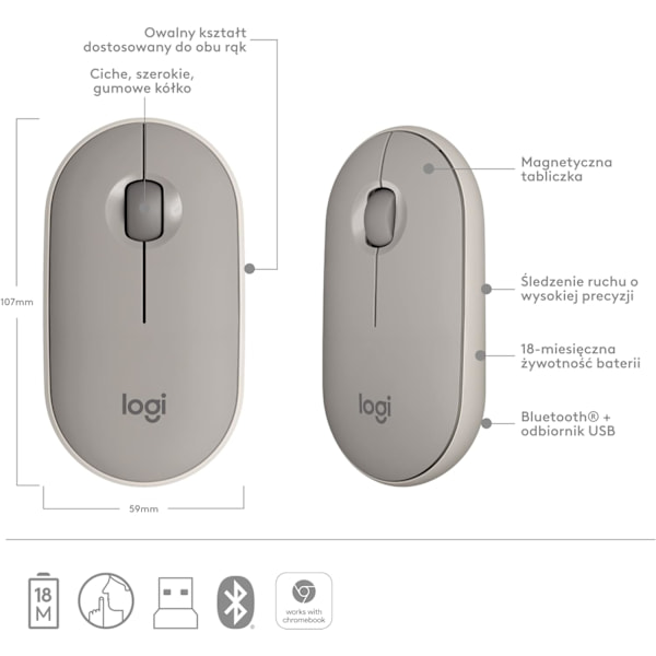 Logitech M350 Pebble trådløs mus med Bluetooth eller 2,4 GHz-modtager, lydløs, slank computermus med stille klik Grey