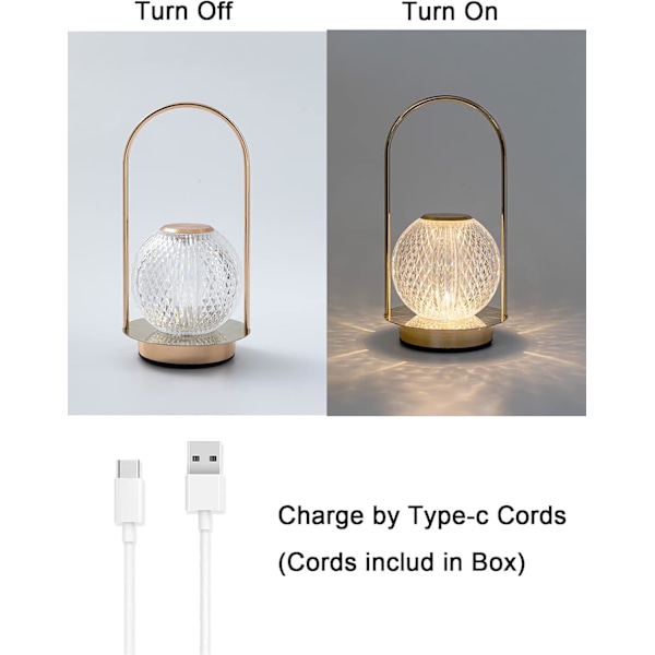 Ledningsfri Lampe Krystall Batteridrevet Lampe, Nattelys for Stue, Soverom, Barnerom, Utendørs, Restaurant, Nattbord, Trådløs Oppladbar Dimbar