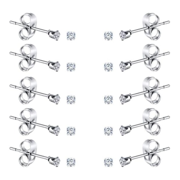 10 Par Små Dame Rustfrit Stål Runde Klare Cubic Zirconia Ørestikker (2mm 3mm 4mm CZ, Kirurgisk Stål)