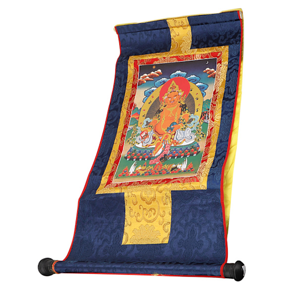 Tibetansk Thangka rikedomsgud Gul Jambhala Buddha buddhistisk dekorativ rullmålning 65*36cm