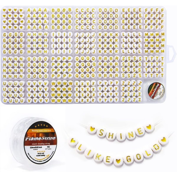 Pärlor, bokstavspärlor, alfabetpärlor i 28-rutnätslåda (4 x 7 mm (runda pärlor, 1 mm hål), guldbokstäver och vit bas) Gold Letters & White Base