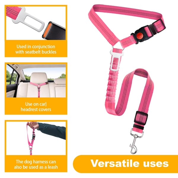 2-pack hundbilsbältesset, 3-i-1 nackstödsmonterat säkerhetskoppel för fordon, justerbar nylonrem med elastisk buffert och reflex black+pink
