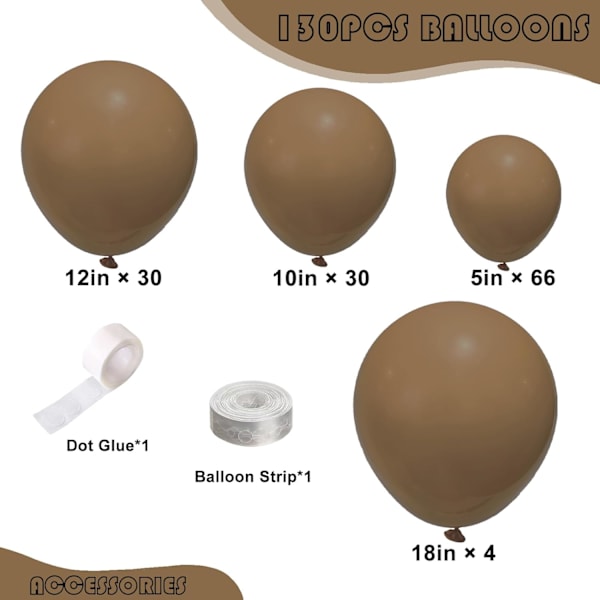 130 stk. brune balloner i forskellige størrelser 18\" 12\" 10\" 5\" ballonbue guirlande sæt perfekt til fødselsdagsfest, dimission, babyshower, bryllup, ferie D Brown