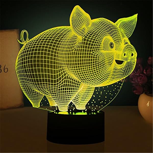 Nattlampe med gris, 3D-illusjon, berøring, 7 fargeskiftende seng